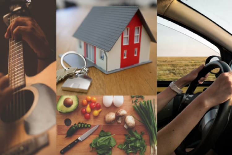 collage of Guitar player, home with keys, cutting board and food, and person driving