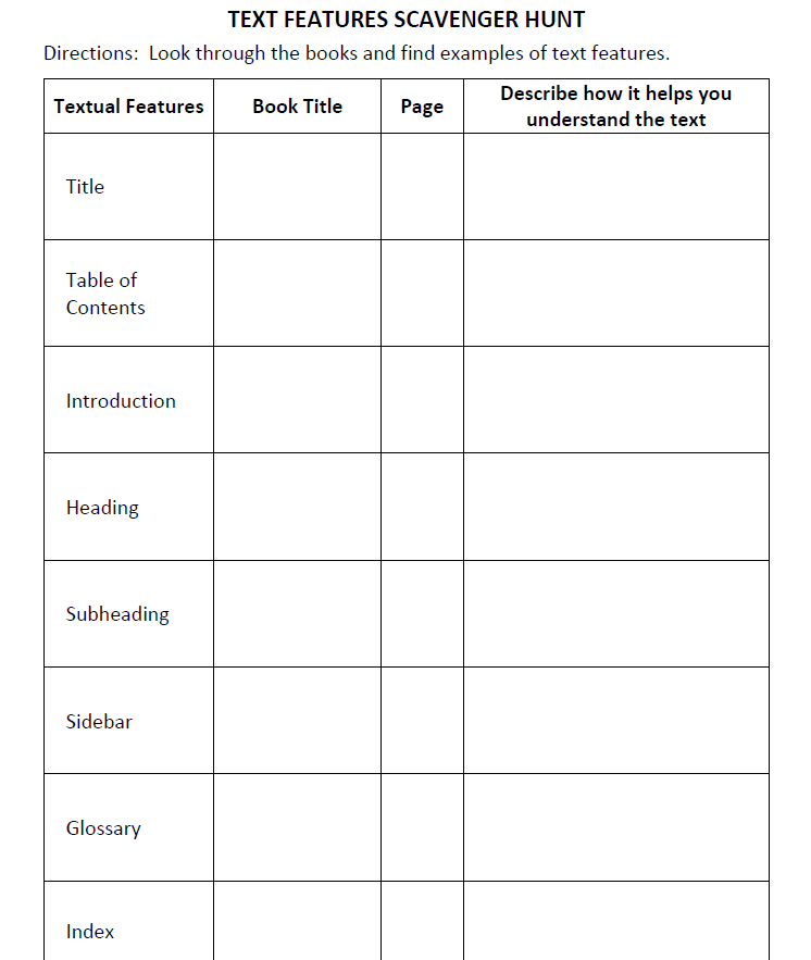 text feature scavenger hunt handout image