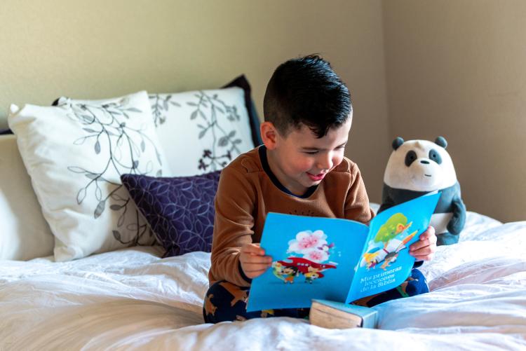 boy reading a book on the bed
